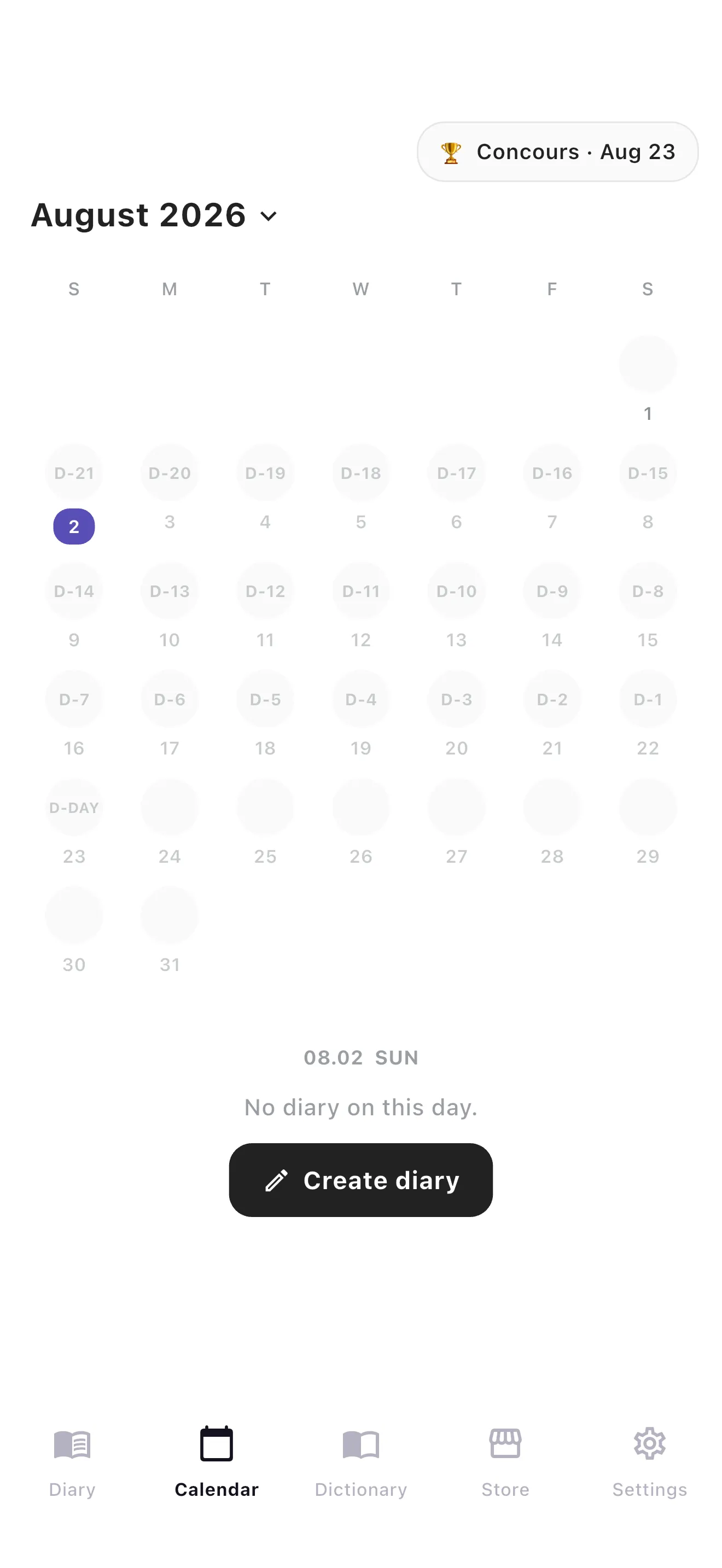 The vola month calendar showing a marker on each day danced