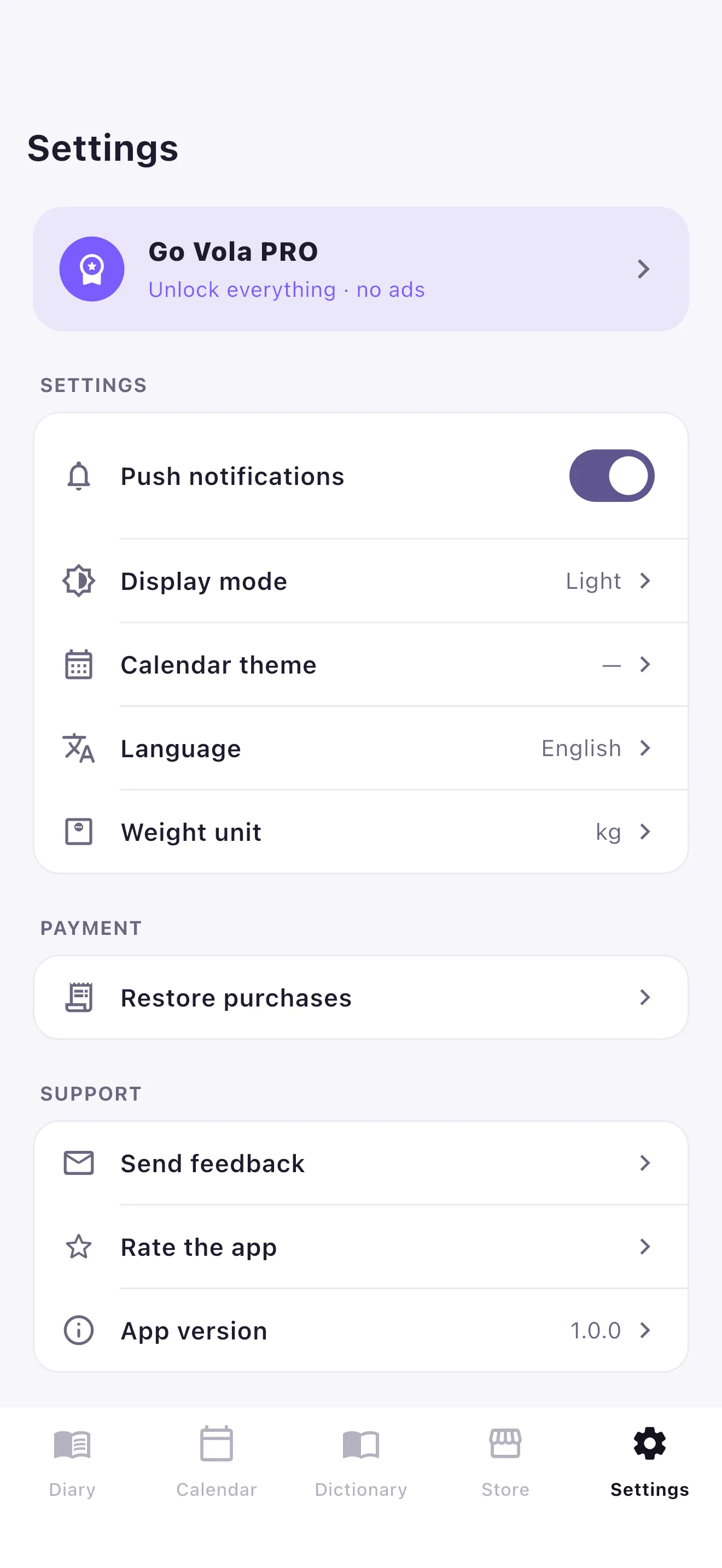 The vola settings screen with account and ad privacy options